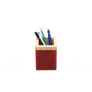 Wood and Bordeaux Leather Pen Holder