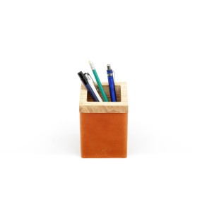 Wood and Brown Leather Pen Holder