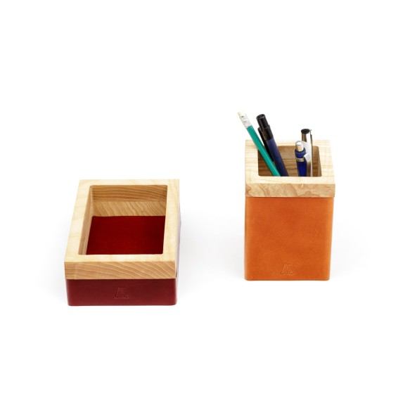 Wood and Black Leather Pen Holder